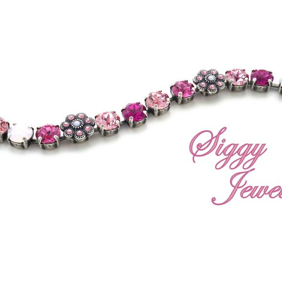 Pink Flower Tennis Bracelet Made with Genuine Swarovski Crystals - Picture 5 of 7